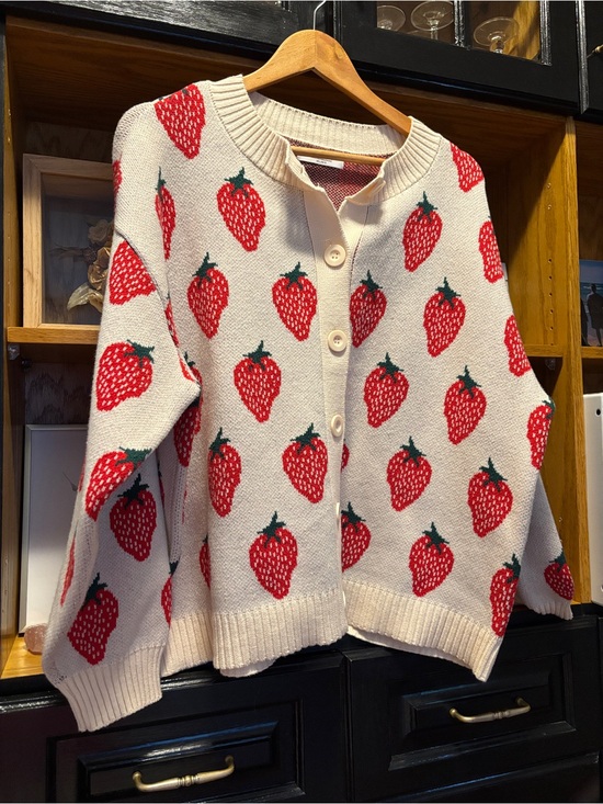 Smash + Tess Sweaters - Smash + Tess Cream Cardigan with Red Strawberry Motif